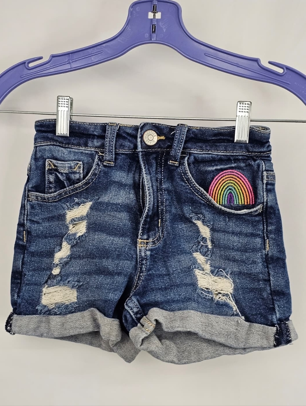 Justice Mini Mom Rainbow Embellished Distressed Jean Shorts, Sz 8 - Picture 2 of 8